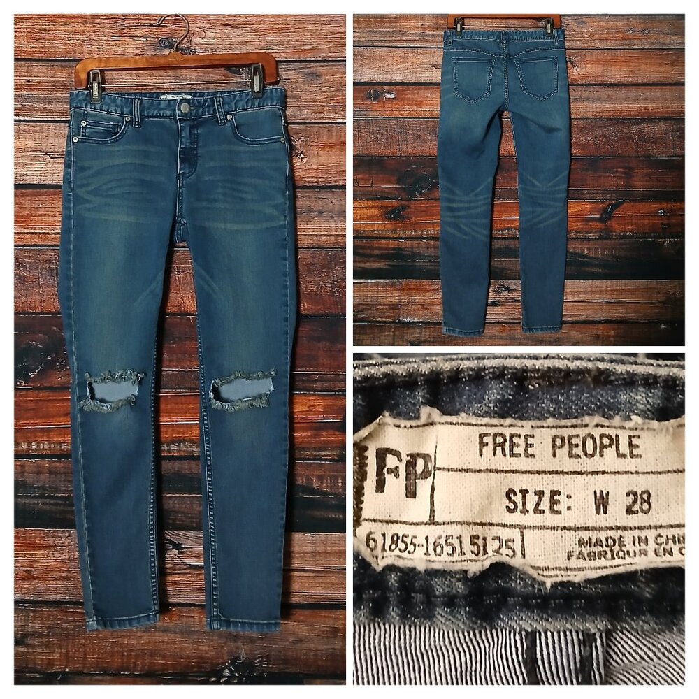 Free People Jeans 28 Skinny Ankle Ripped Distressed Dark Blue Denim Stretch